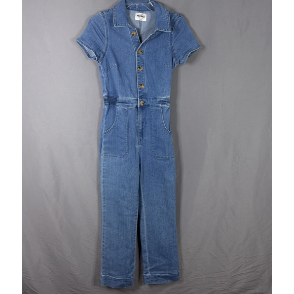 Show Me Your MuMu Pants - Show Me Your MuMu Medium Blue Denim Short-Sleeve Jumpsuit